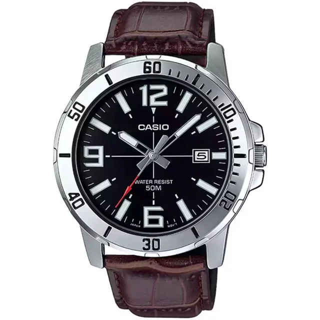 ساعت مچی مردانه کاسیو Casio MTP-VD01L-1B – بند چرم قهوه ای، صفحه مشکی، کلاسیک روزمره