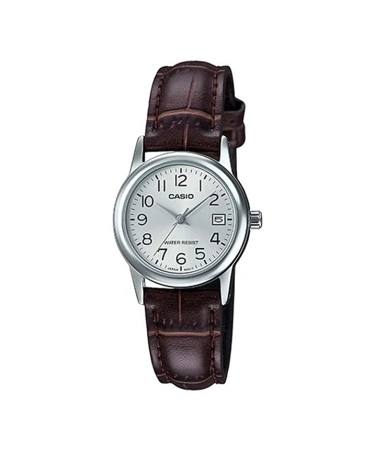 ساعت مچی زنانه Casio مدل LTP-V002L-7B2 | بند چرم قهوه ای و صفحه سفید کلاسیک