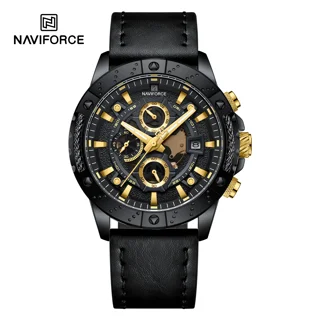 ساعت مچی مردانه Naviforce مدل NF8055 | بند چرمی مشکی، صفحه مشکی طلایی | کرونوگراف و اسپرت