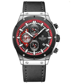 ساعت مچی مردانه Naviforce مدل NF8027 | بند چرم مشکی، صفحه مشکی قرمز، کرونوگراف