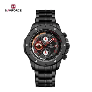 ساعت مچی مردانه Naviforce مدل NF8056 | بند استیل، صفحه مشکی قرمز، کرنوگراف | اسپرت