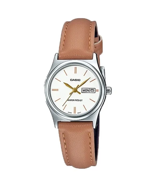 ساعت مچی زنانه Casio مدل LTP-V006L-7B2UDF | بند چرم قهوه ای و صفحه سفید کلاسیک